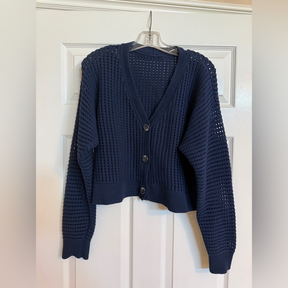 LULULEMON Cotton Crochet Relaxed-Fit Cardigan Navy Open-Knit Button Cardigan S